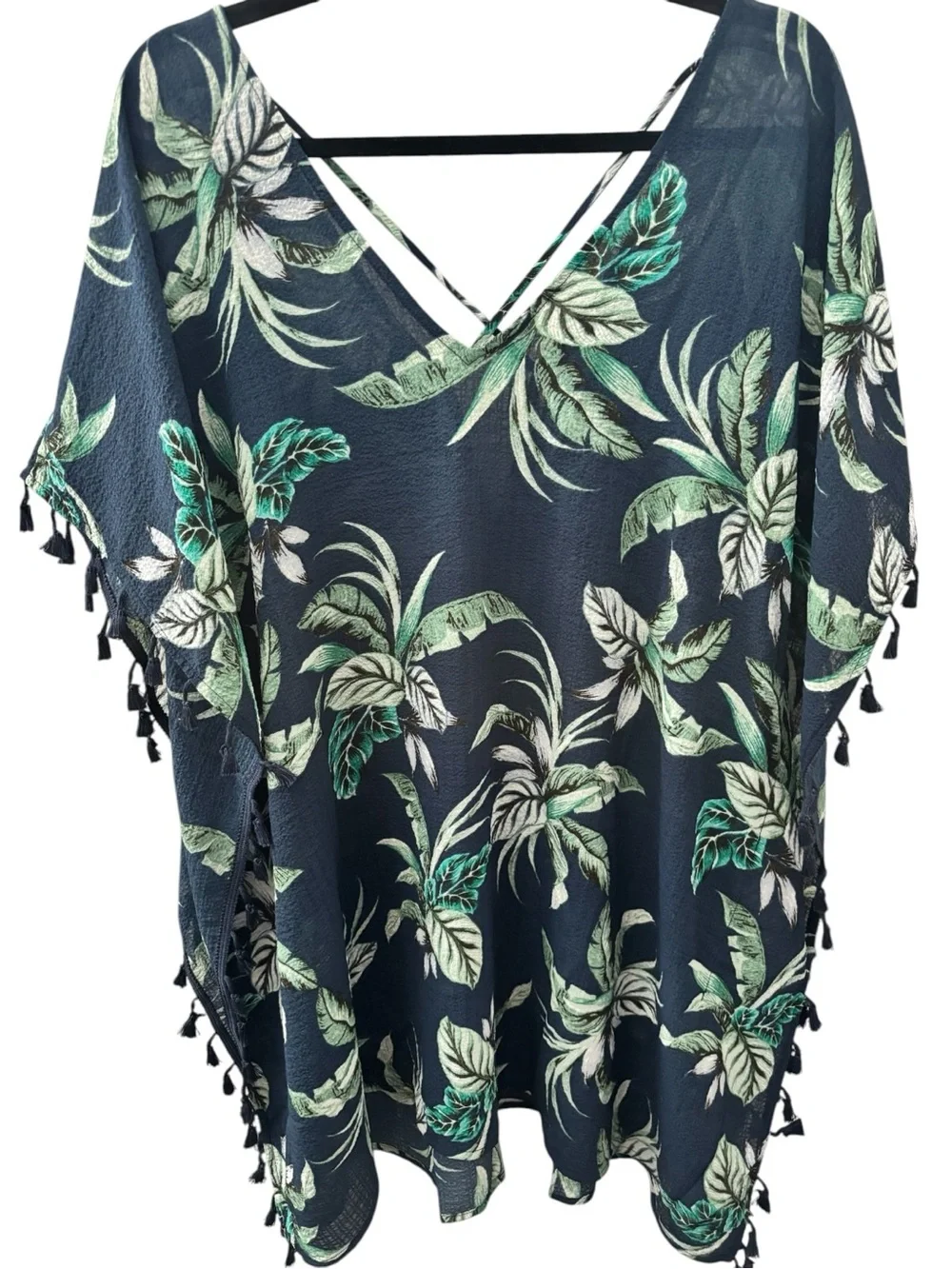 Navy Tropical Leaf V-Neck Swim Coverup with Tassel Trim